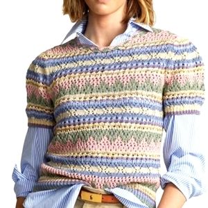 NWT Polo Ralph Lauren Stripe Pastel Knit Sweater Shirt Tee Med Puff Slv 100% Ctn